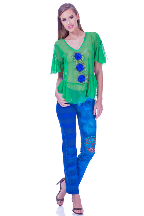 Bluza tul verde cu broderie I-62